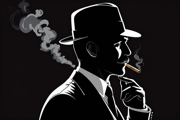 Foto silhueta de um homem com um chapéu fumando um charuto ilustração vetorial de estilo retro de um cavalheiro noir