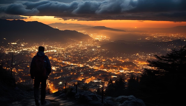 Silhueta de um homem com uma mochila de pé no topo de uma montanha e observando a cidade à noite