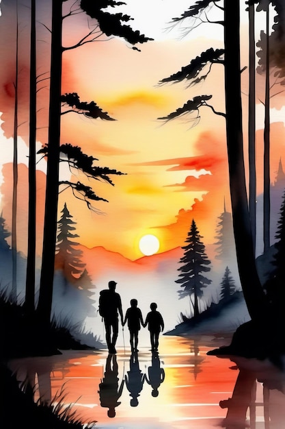 Silhueta de um homem e crianças fazendo uma caminhada na floresta conceito de gastos do Dia dos Pais cartaz
