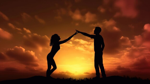 Silhueta de um homem e uma mulher estendendo a mão um para o outro no céu do pôr do sol