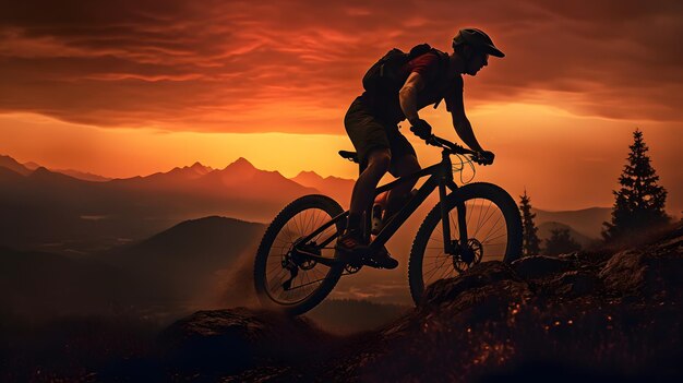 Foto silhueta de um homem em bicicleta de montanha vista do pôr do sol