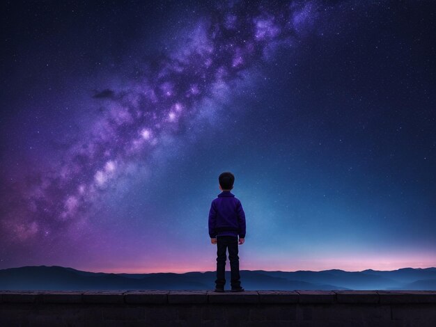 Foto silhueta de um homem está de pé no topo da montanha e gosta de ver a via láctea antes do nascer do sol jovem turista está na colina com o céu noturno colorido em fundo