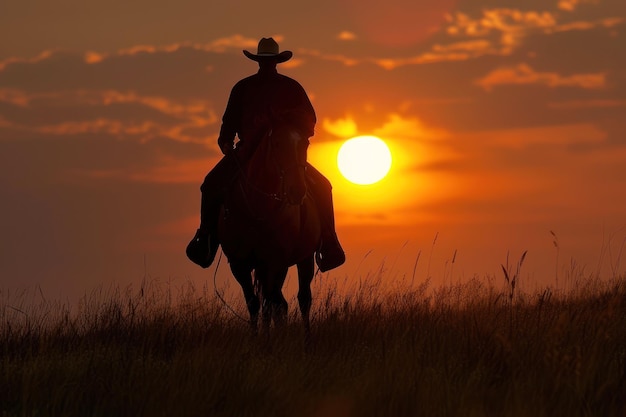 Foto silhueta de um homem montando um cavalo no pôr do sol