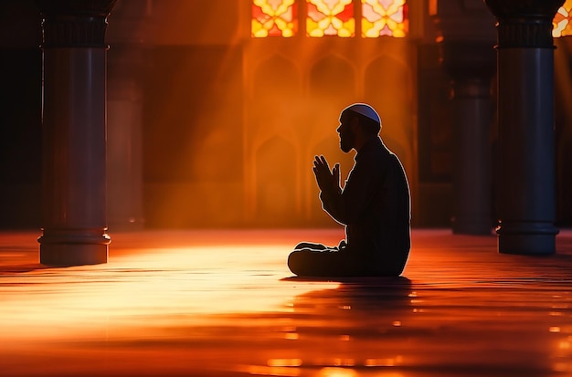 Silhueta de um homem muçulmano sentado enquanto levanta as mãos e reza na mesquita com conceito islâmico