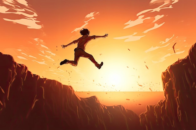 Silhueta de um homem pulando no penhasco ao pôr do sol
