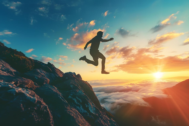 Silhueta de um homem pulando no topo de uma montanha ao pôr do sol