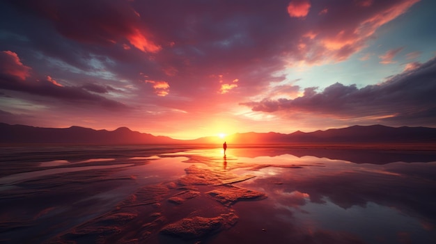 Silhueta de um homem solitário ao pôr-do-sol num deserto com montanhas à distância