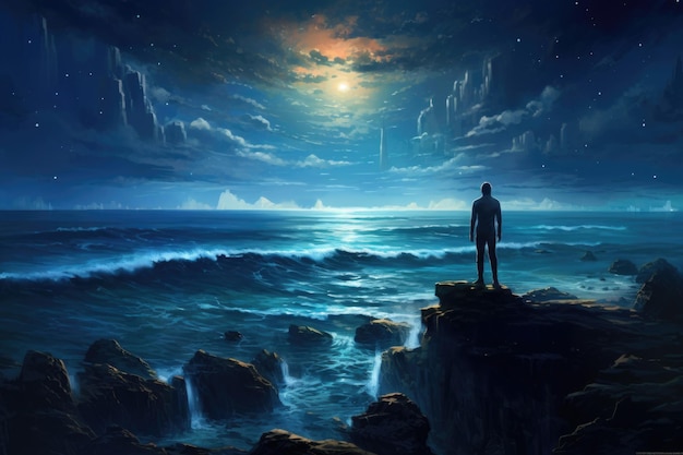 Silhueta de um homem solitário olhando para o céu à noite Homem solitário parado em uma paisagem fantástica perto do oceano com céu nublado brilhante Meditação e vida espiritual