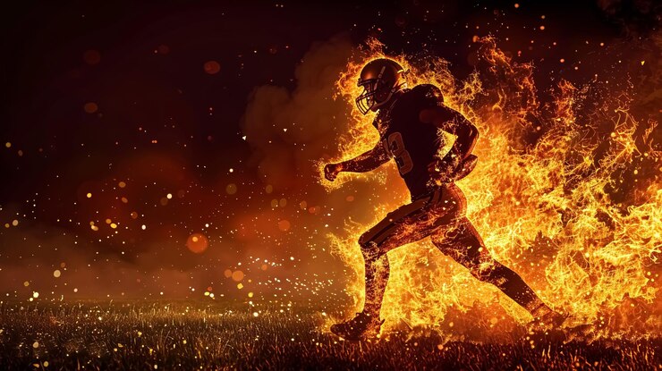 Foto silhueta de um jogador de futebol americano em chamas