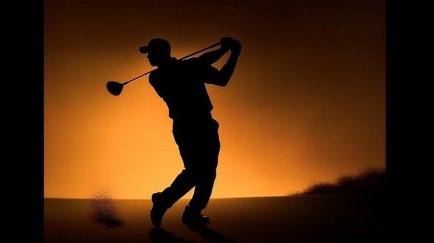 Foto silhueta de um jogador de golfe em um campo de golfe ao pôr do sol