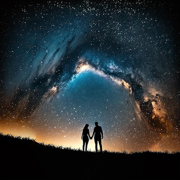 Silhueta de um jovem casal sob as estrelas em pé no prado à noite sob a galáxia o conceito em t