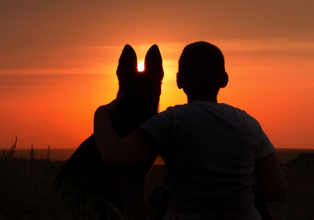 Silhueta de um jovem com um cachorro apreciando o belo pôr do sol em um campo, o menino acaricia seu animal de estimação favorito na natureza, conceito amizade de animal e humano