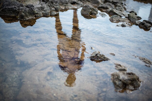 Silhueta de um jovem refletida na água