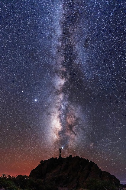 Silhueta de um jovem sob as estrelas olhando para o caminho lactea