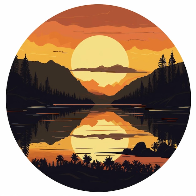 Silhueta de um lago de montanha ao pôr do sol Vector a ilustração