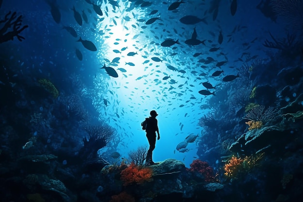 Silhueta de um mergulhador nadando no mar profundo com recifes de corais e vida marinha