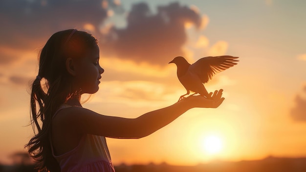 Silhueta de um pássaro voando de uma menina com a mão em um belo fundo conceito de liberdade Dia Internacional das Mulheres Trabalhadoras