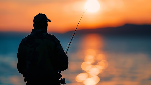 Silhueta de um pescador contra o fundo de um pôr-do-sol de pêssego no mar