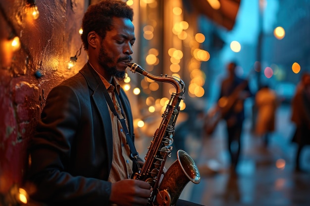 silhueta de um saxofonista contra um cenário de um clube de jazz mal iluminado