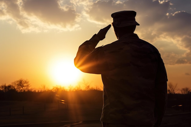 Silhueta de um soldado saudando ao pôr do sol