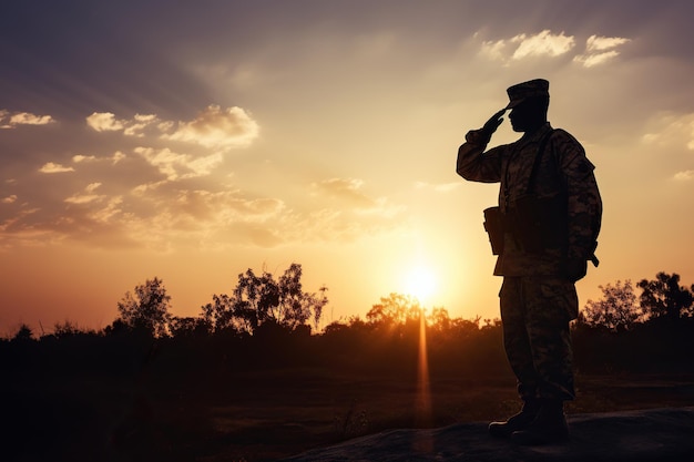 Silhueta de um soldado saudando ao pôr do sol