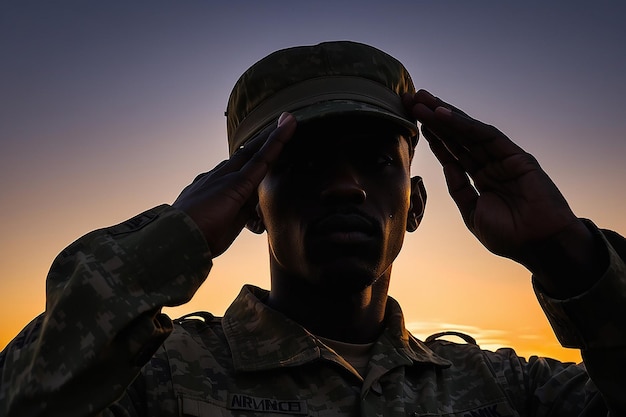 Foto silhueta de um soldado saudando durante o pôr-do-sol