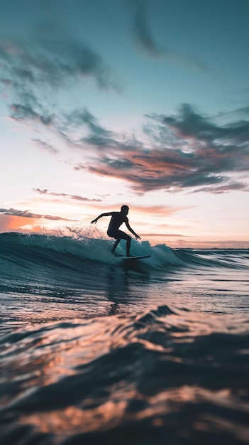 Foto silhueta de um surfista ao anoitecer nas ondas do oceano