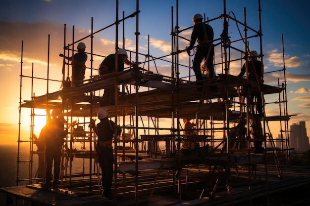 Silhueta de um trabalhador da construção no local de construção de andaimes IA gerativa