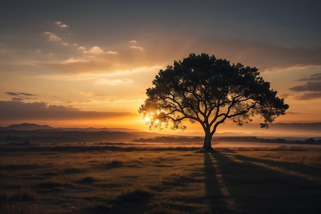 Silhueta de uma árvore solitária ao nascer do sol