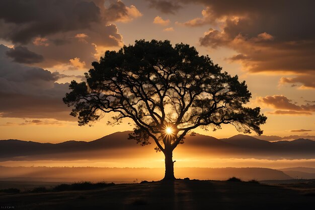 Silhueta de uma árvore solitária ao nascer do sol