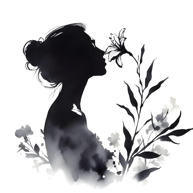 Silhueta de uma bela garota com uma flor em um fundo branco