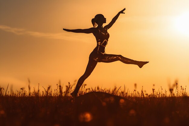 Foto silhueta de uma bela mulher pulando no campo ao pôr do sol