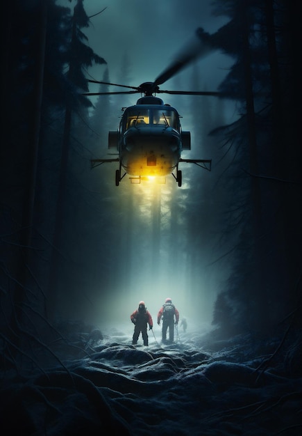 Silhueta de uma equipe de resgate na frente de um helicóptero na floresta escura