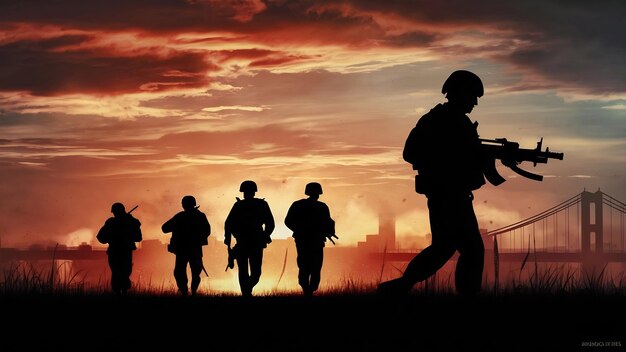 Foto silhueta de uma equipe de soldados no pôr-do-sol. um soldado com uma metralhadora patrulhando o céu.