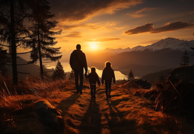 silhueta de uma família caminhando em um lago ao pôr do sol Um grupo de pessoas caminhando por um campo ao pôr-do-sol