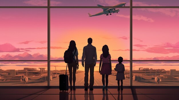 Foto silhueta de uma família com bagagem no aeroporto ao pôr-do-sol