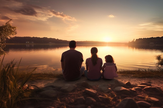 Silhueta de uma família fazendo um piquenique feliz à beira do lago durante o pôr do sol