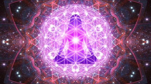 Silhueta de uma garota em posição de lótus no fundo do universo fractal Um estado de transe e meditação profunda Uma jornada espiritual no universo
