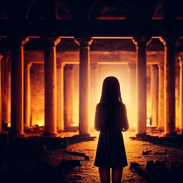 Foto silhueta de uma garota no fundo de ruínas antigas