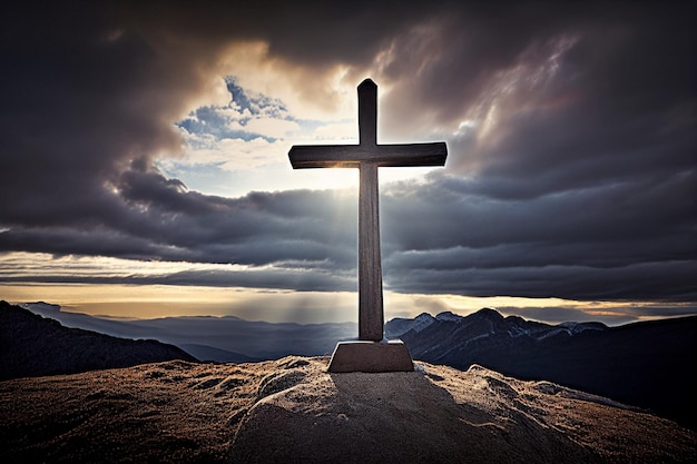 Silhueta de uma igreja cruzada no cume de uma IA geradora de montanha