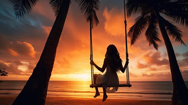 Silhueta de uma jovem em um balanço em uma palmeira na praia durante o pôr do sol