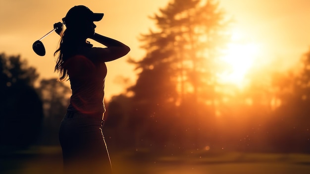 Silhueta de uma jovem jogadora de golfe habilidosa batendo nos greens enquanto mantém seu swing IA generativa