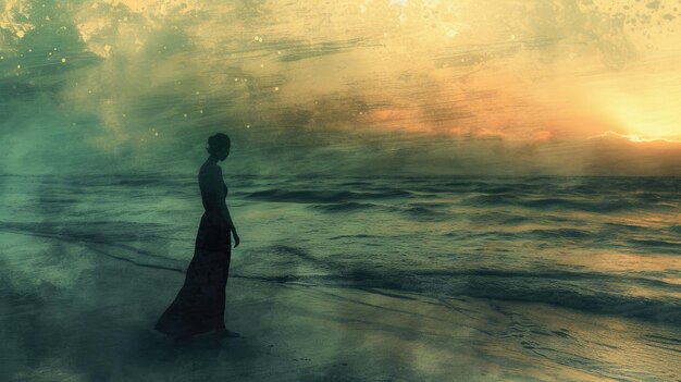 Foto silhueta de uma jovem mulher bonita de pé enquanto olha para o mar no céu
