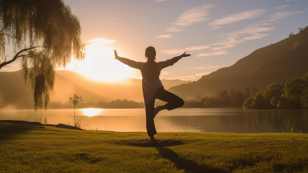 Silhueta de uma jovem praticando ioga ao ar livre ao pôr do sol