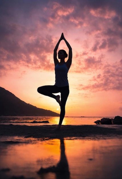 Silhueta de uma jovem praticando ioga na praia ao pôr do sol