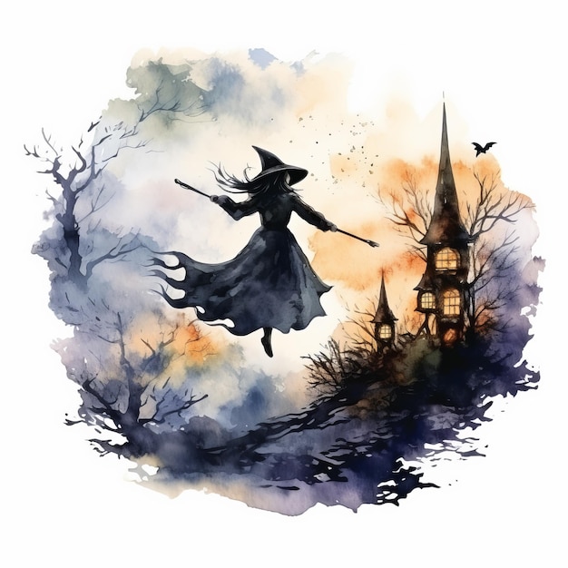 Silhueta de uma linda bruxa com um fundo de vassoura para fantasia e magia de Halloween