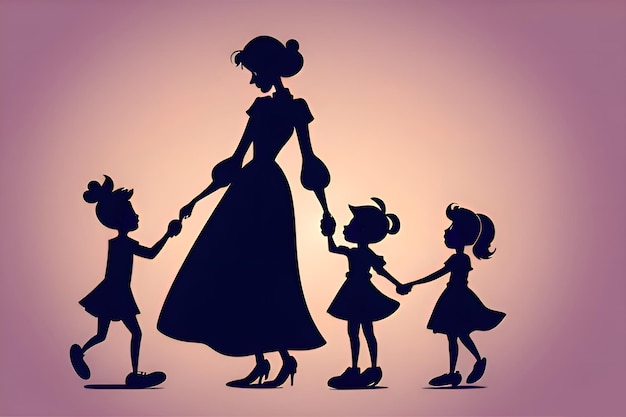 Silhueta de uma mãe de mãos dadas com suas filhas