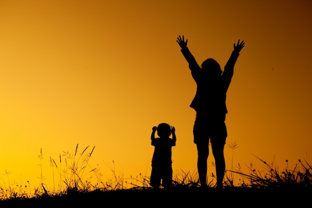 silhueta de uma mãe e filho jogando no por do sol