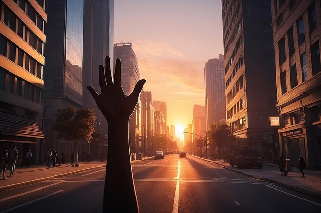 Foto silhueta de uma mão principal no pôr-do-sol na rua da cidade ai gerar
