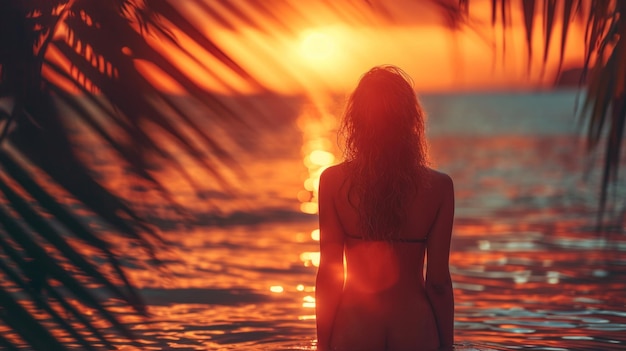 Foto silhueta de uma menina na praia dançando na água contra o fundo do nascer do sol.